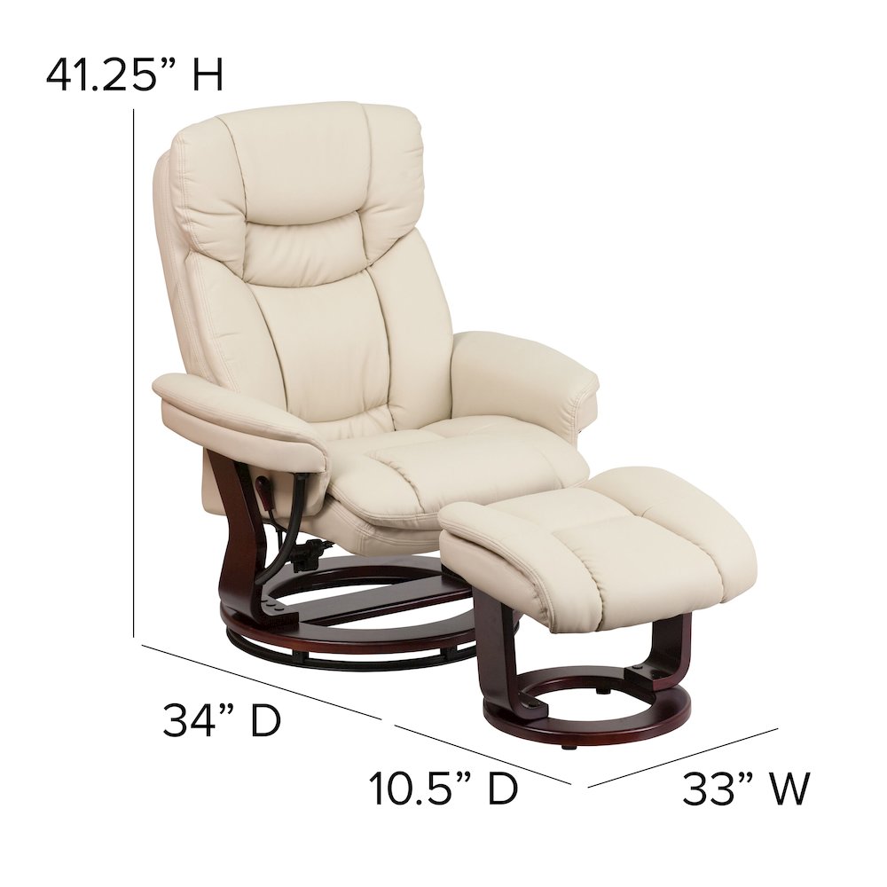 Contemporary Multi-Position Recliner and Curved Ottoman with Swivel Mahogany Wood Base in Beige Leather