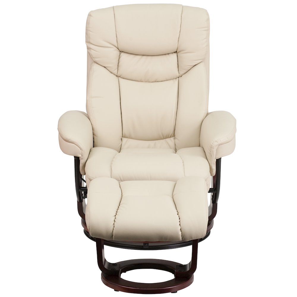 Contemporary Multi-Position Recliner and Curved Ottoman with Swivel Mahogany Wood Base in Beige Leather