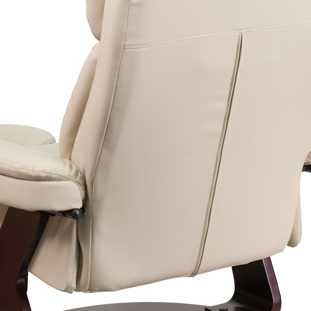 Contemporary Multi-Position Recliner and Curved Ottoman with Swivel Mahogany Wood Base in Beige Leather