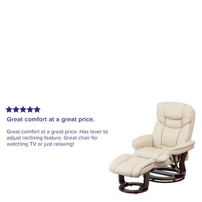Contemporary Multi-Position Recliner and Curved Ottoman with Swivel Mahogany Wood Base in Beige Leather