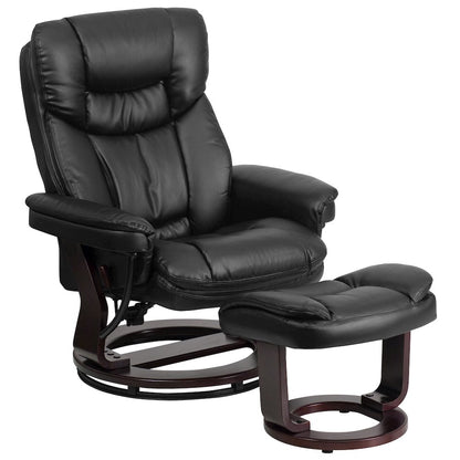 Recliner and Curved Ottoman with Swivel Mahogany Wood Base in Black LeatherSoft