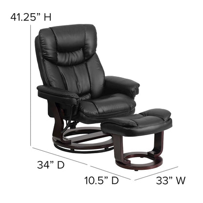 Recliner and Curved Ottoman with Swivel Mahogany Wood Base in Black LeatherSoft