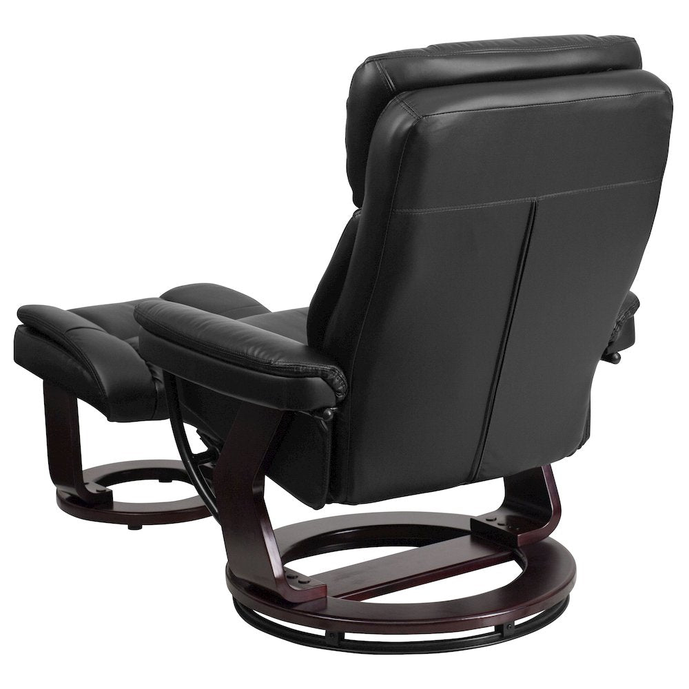 Recliner and Curved Ottoman with Swivel Mahogany Wood Base in Black LeatherSoft