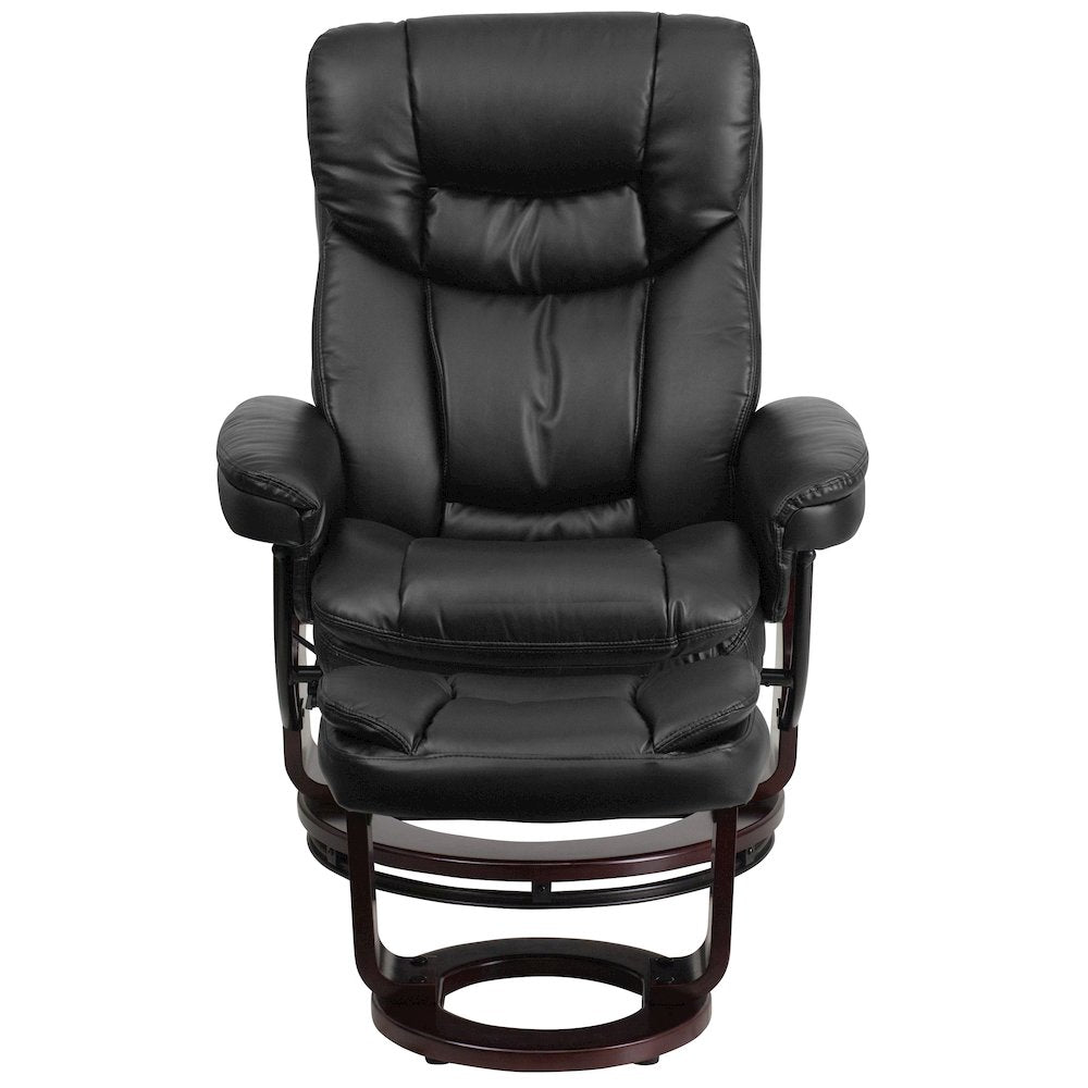 Recliner and Curved Ottoman with Swivel Mahogany Wood Base in Black LeatherSoft