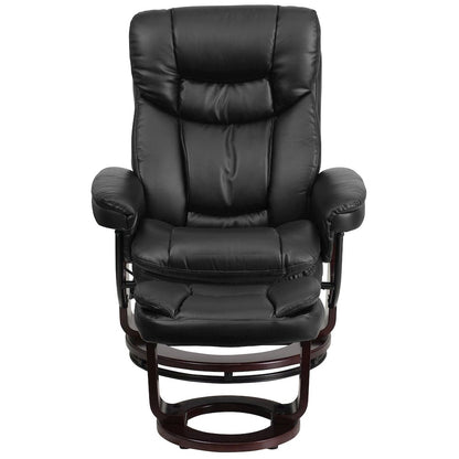 Recliner and Curved Ottoman with Swivel Mahogany Wood Base in Black LeatherSoft