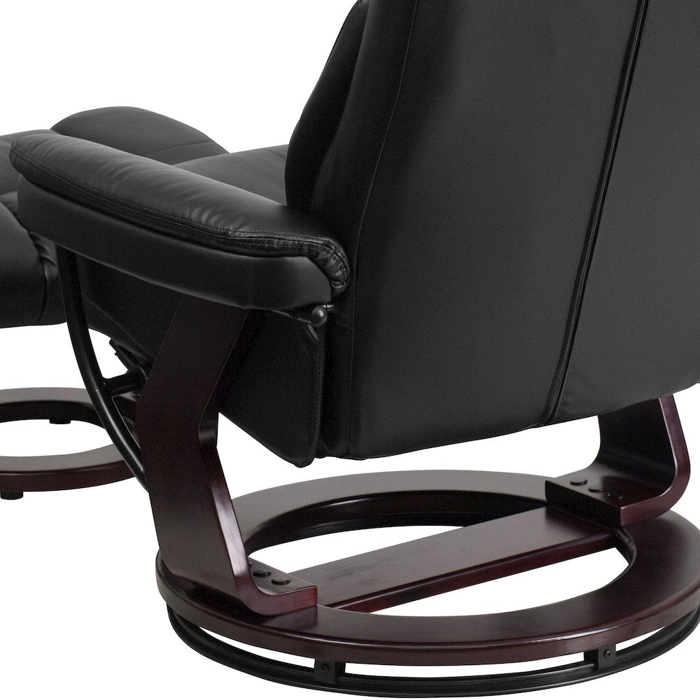 Recliner and Curved Ottoman with Swivel Mahogany Wood Base in Black LeatherSoft