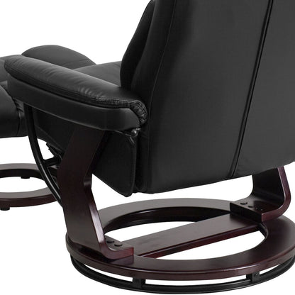 Recliner and Curved Ottoman with Swivel Mahogany Wood Base in Black LeatherSoft