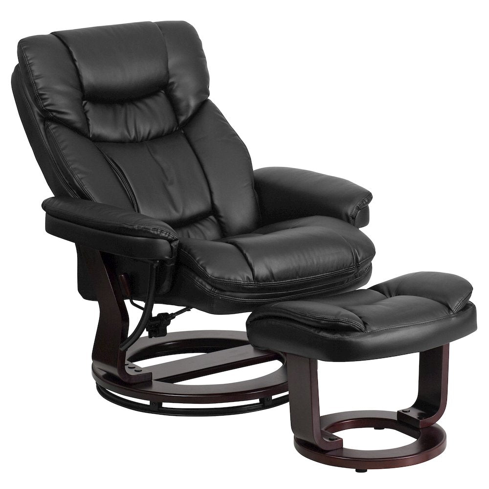 Recliner and Curved Ottoman with Swivel Mahogany Wood Base in Black LeatherSoft