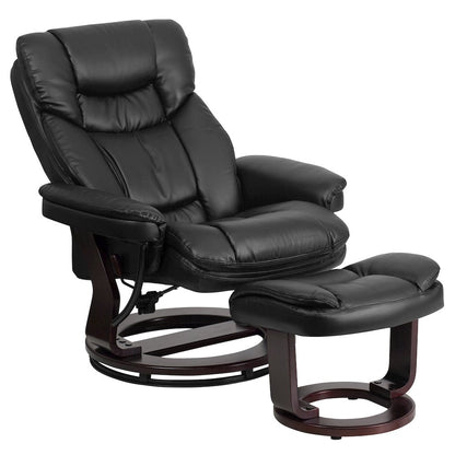 Recliner and Curved Ottoman with Swivel Mahogany Wood Base in Black LeatherSoft