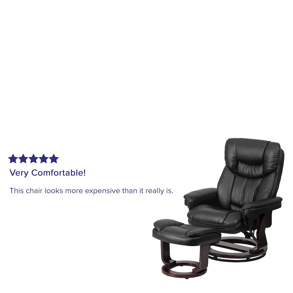 Recliner and Curved Ottoman with Swivel Mahogany Wood Base in Black LeatherSoft
