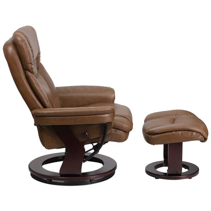 Recliner and Ottoman with Swivel Mahogany Wood Base in Palimino LeatherSoft