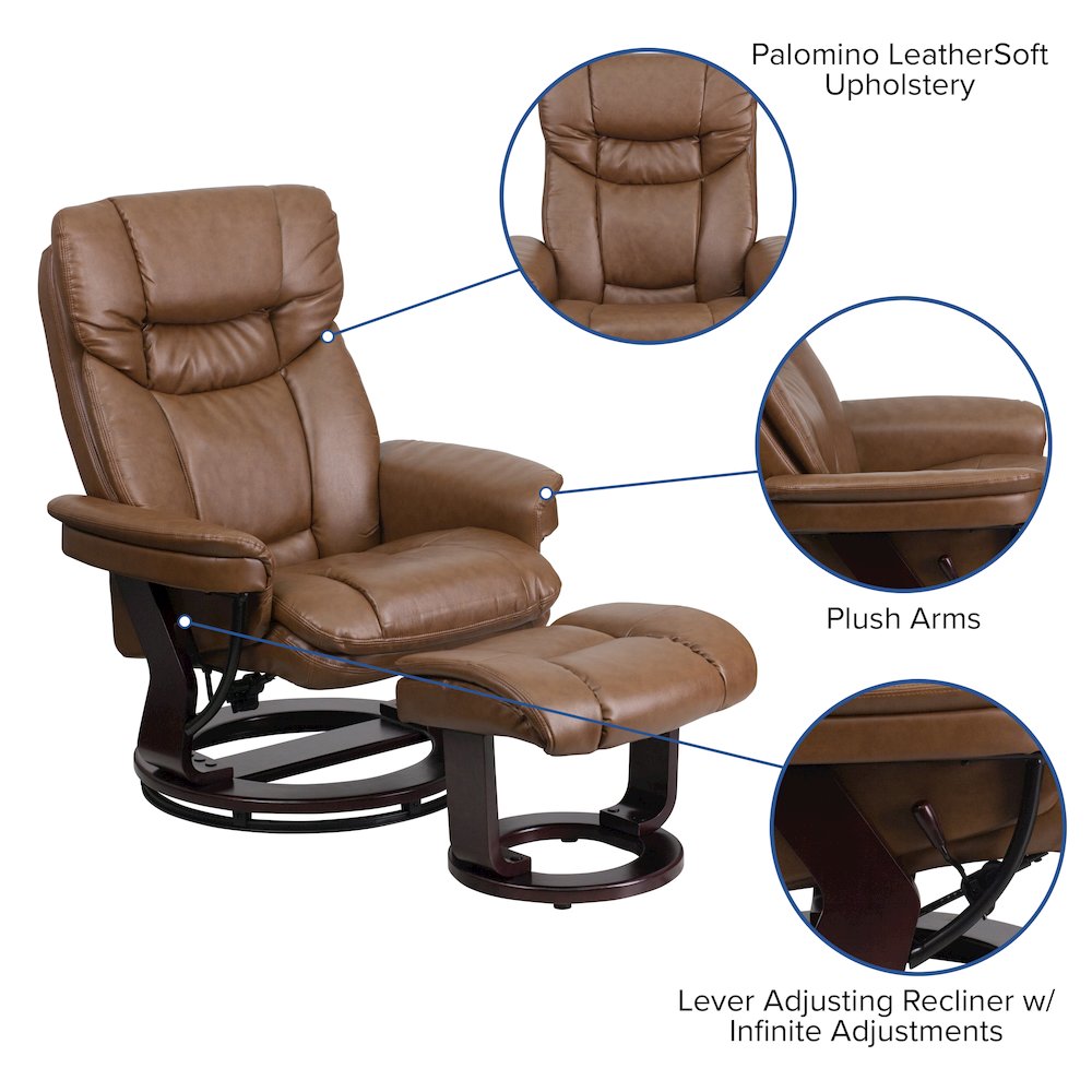 Recliner and Ottoman with Swivel Mahogany Wood Base in Palimino LeatherSoft