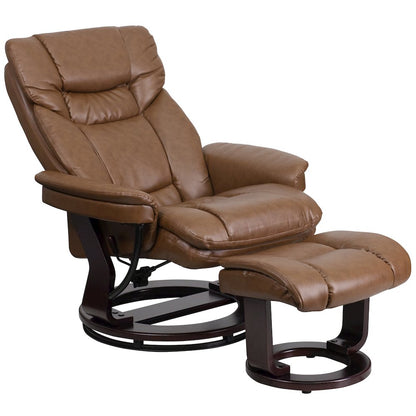 Recliner and Ottoman with Swivel Mahogany Wood Base in Palimino LeatherSoft