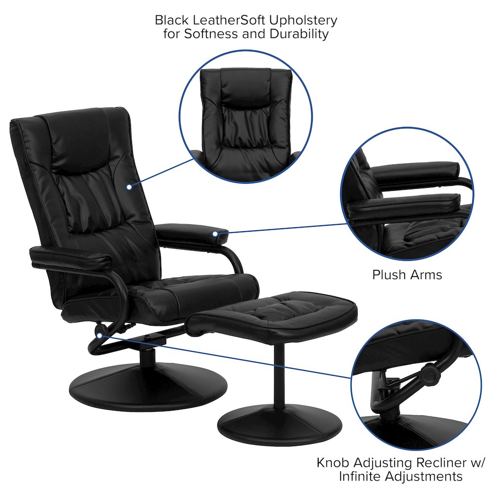 Recliner and Ottoman with Wrapped Base in Black LeatherSoft
