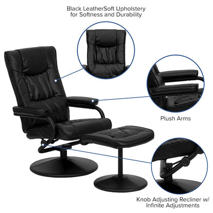 Recliner and Ottoman with Wrapped Base in Black LeatherSoft
