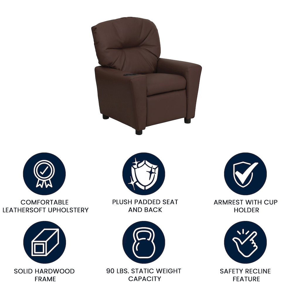 Contemporary Brown LeatherSoft Kids Recliner with Cup Holder