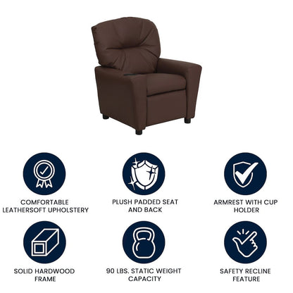 Contemporary Brown LeatherSoft Kids Recliner with Cup Holder