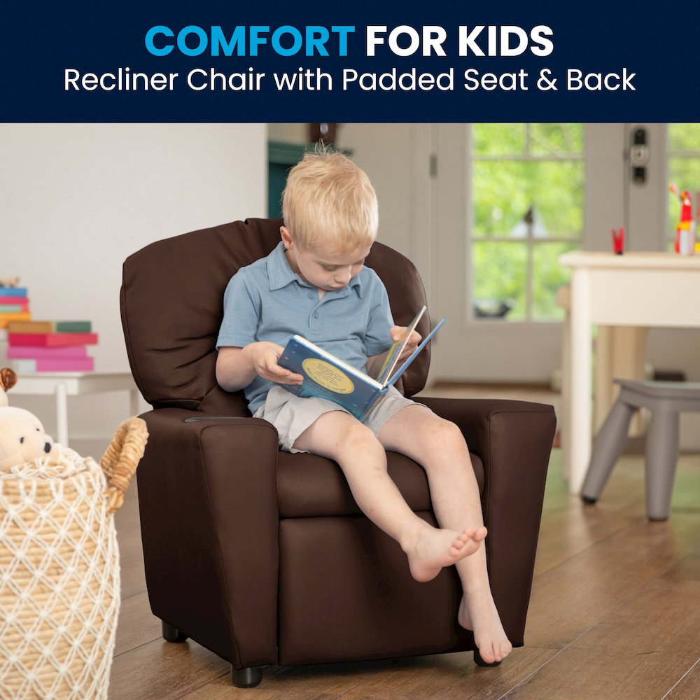 Contemporary Brown LeatherSoft Kids Recliner with Cup Holder
