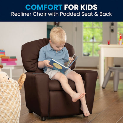 Contemporary Brown LeatherSoft Kids Recliner with Cup Holder