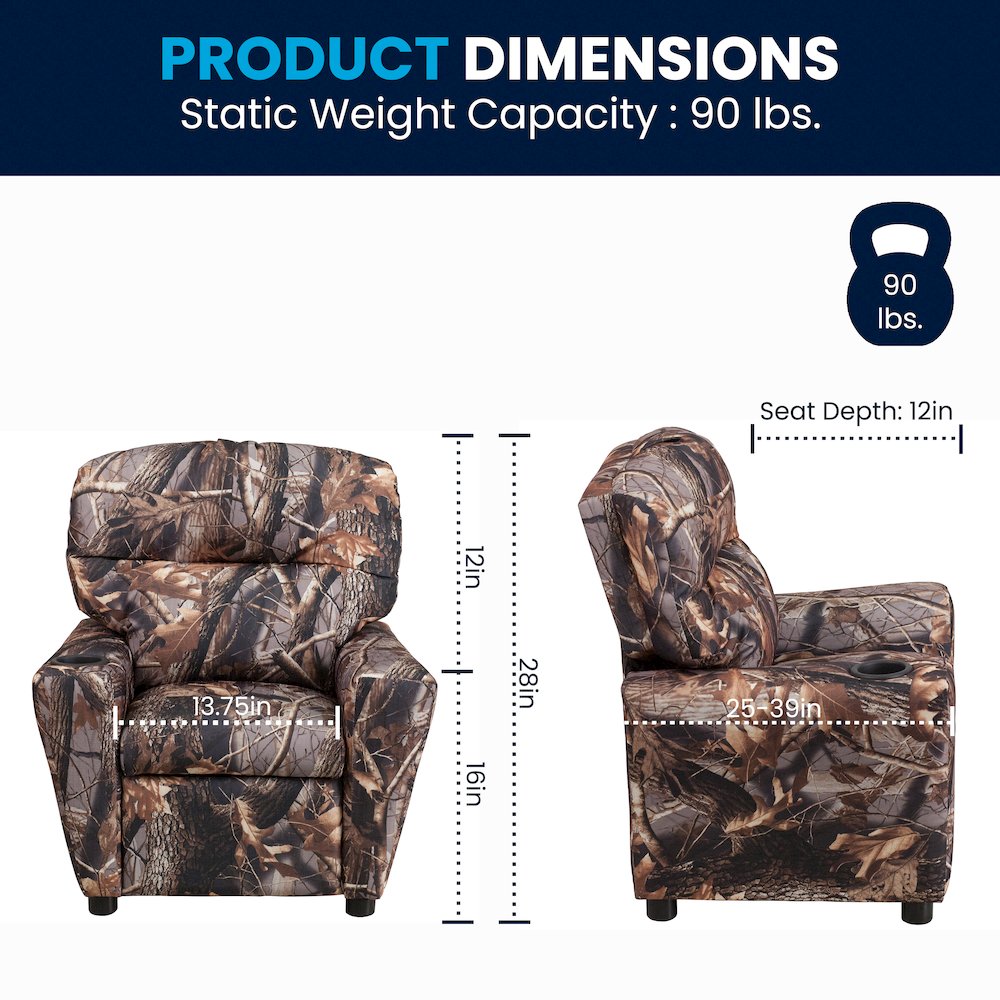 Contemporary Camouflaged Fabric Kids Recliner with Cup Holder