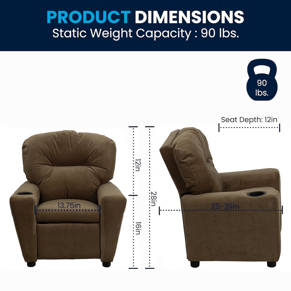 Contemporary Brown Microfiber Kids Recliner with Cup Holder