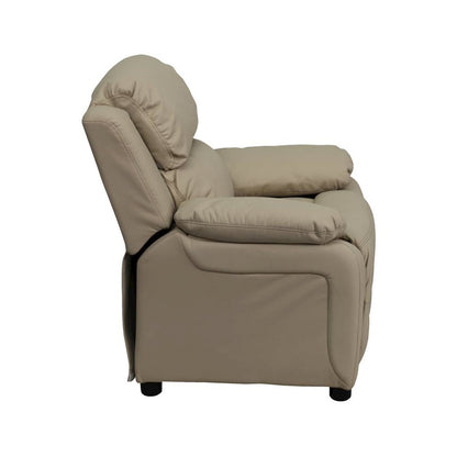 Deluxe Padded Contemporary Beige Vinyl Kids Recliner with Storage Arms