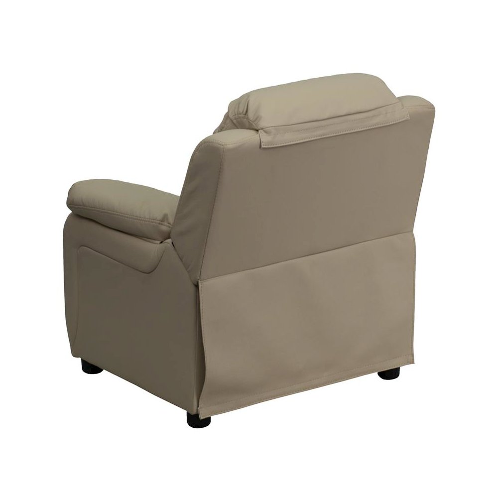 Deluxe Padded Contemporary Beige Vinyl Kids Recliner with Storage Arms