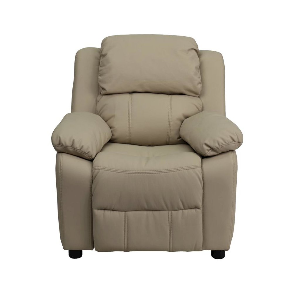Deluxe Padded Contemporary Beige Vinyl Kids Recliner with Storage Arms