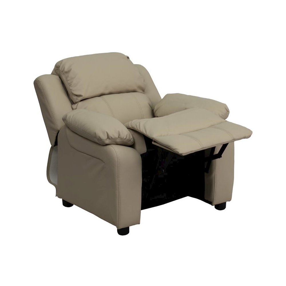 Deluxe Padded Contemporary Beige Vinyl Kids Recliner with Storage Arms