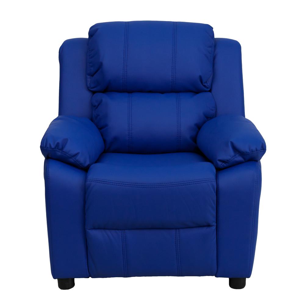 Deluxe Padded Contemporary Blue Vinyl Kids Recliner with Storage Arms