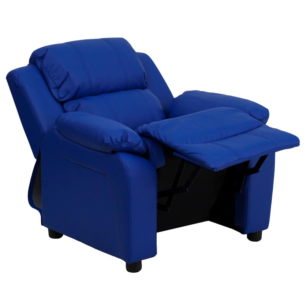 Deluxe Padded Contemporary Blue Vinyl Kids Recliner with Storage Arms