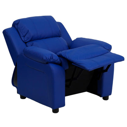Deluxe Padded Contemporary Blue Vinyl Kids Recliner with Storage Arms