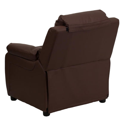 Deluxe Padded Contemporary Brown LeatherSoft Kids Recliner with Storage Arms