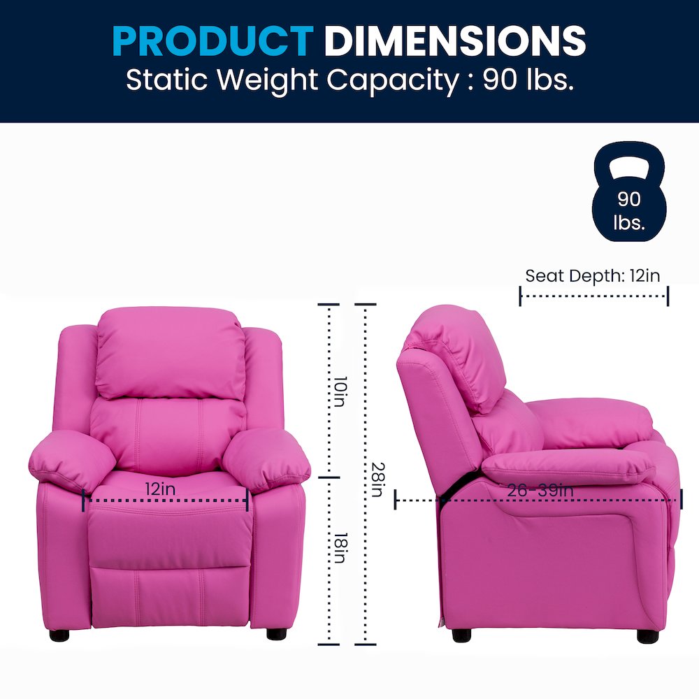 Deluxe Padded Contemporary Hot Pink Vinyl Kids Recliner with Storage Arms
