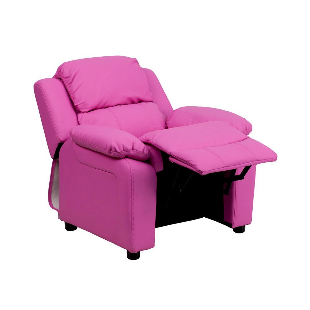 Deluxe Padded Contemporary Hot Pink Vinyl Kids Recliner with Storage Arms