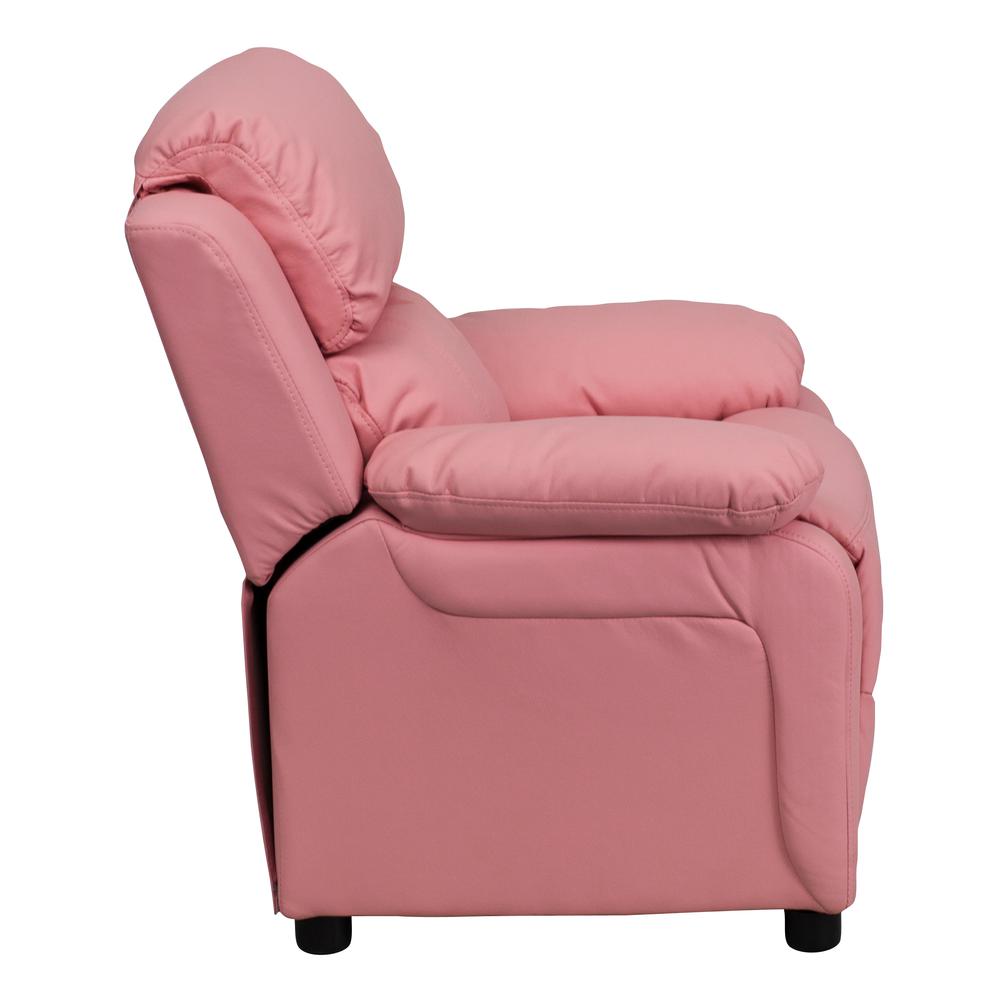 Deluxe Padded Contemporary Pink Vinyl Kids Recliner with Storage Arms
