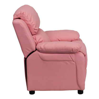 Deluxe Padded Contemporary Pink Vinyl Kids Recliner with Storage Arms
