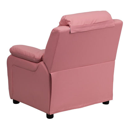 Deluxe Padded Contemporary Pink Vinyl Kids Recliner with Storage Arms