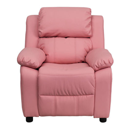 Deluxe Padded Contemporary Pink Vinyl Kids Recliner with Storage Arms