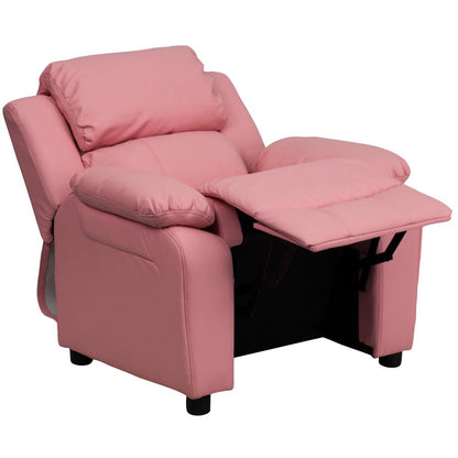 Deluxe Padded Contemporary Pink Vinyl Kids Recliner with Storage Arms