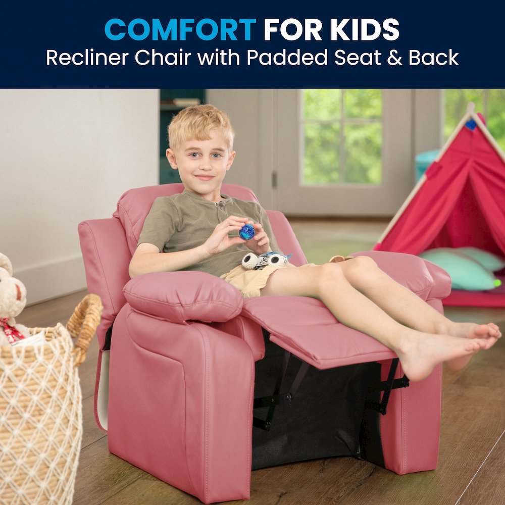 Deluxe Padded Contemporary Pink Vinyl Kids Recliner with Storage Arms