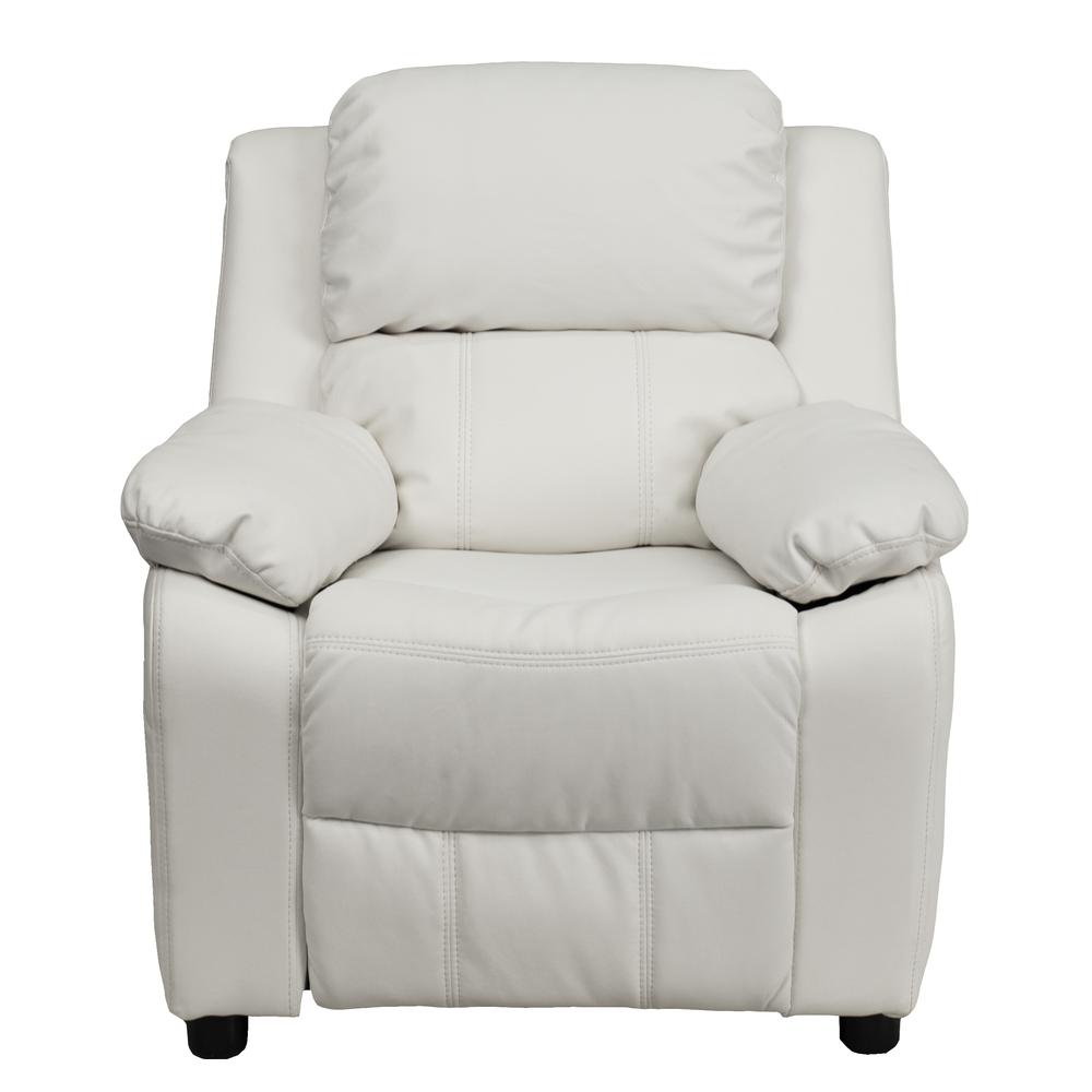 Deluxe Padded Contemporary White Vinyl Kids Recliner with Storage Arms