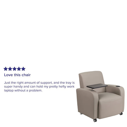 Gray LeatherSoft Guest Chair with Tablet Arm, Front Wheel Casters and Cup Holder