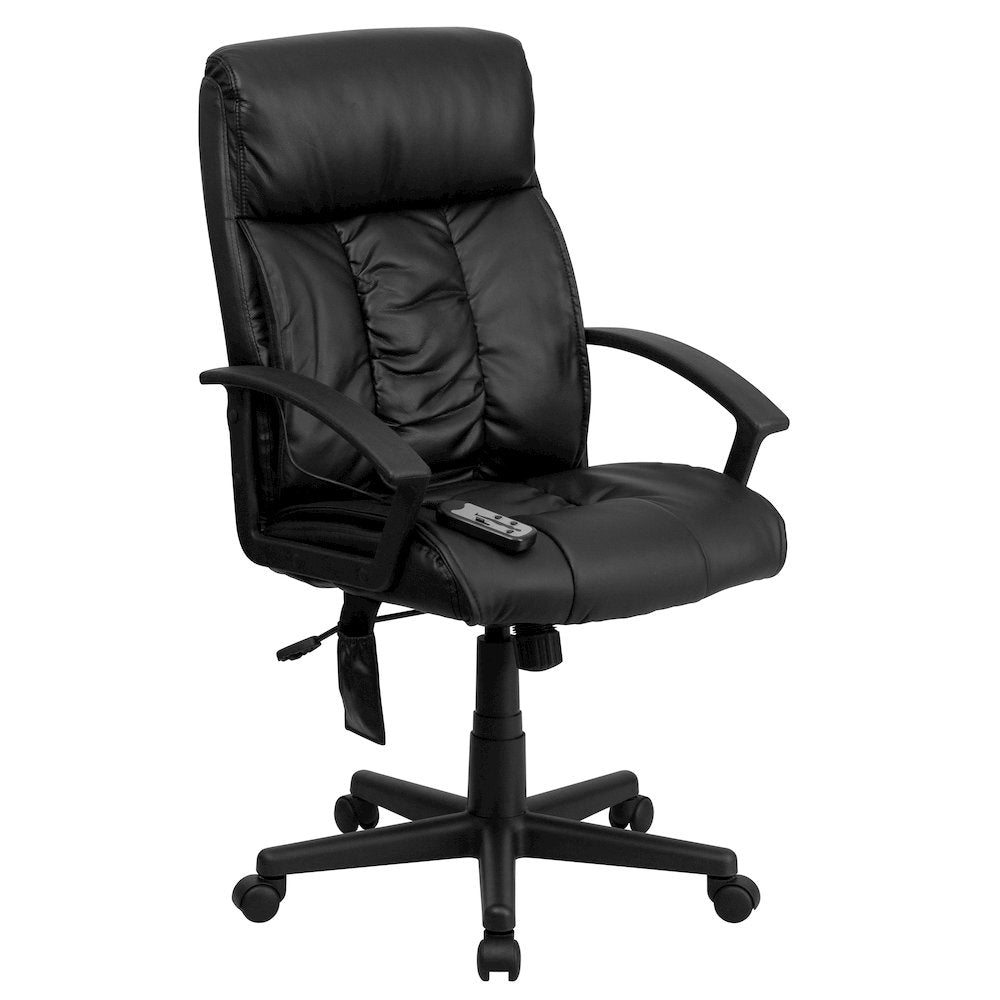 High Back Ergonomic Massaging Black LeatherSoft Soft Ripple Upholstered Executive Swivel Office Chair with Side Remote Pocket and Arms