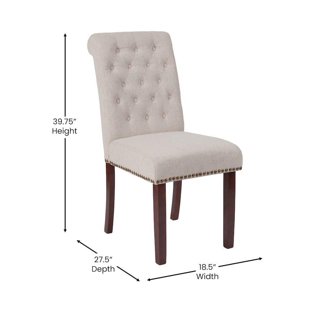 Beige Fabric Parsons Chair with Rolled Back, Accent Nail Trim and Walnut Finish