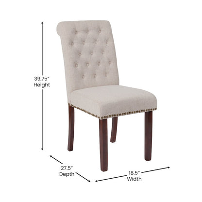 Beige Fabric Parsons Chair with Rolled Back, Accent Nail Trim and Walnut Finish