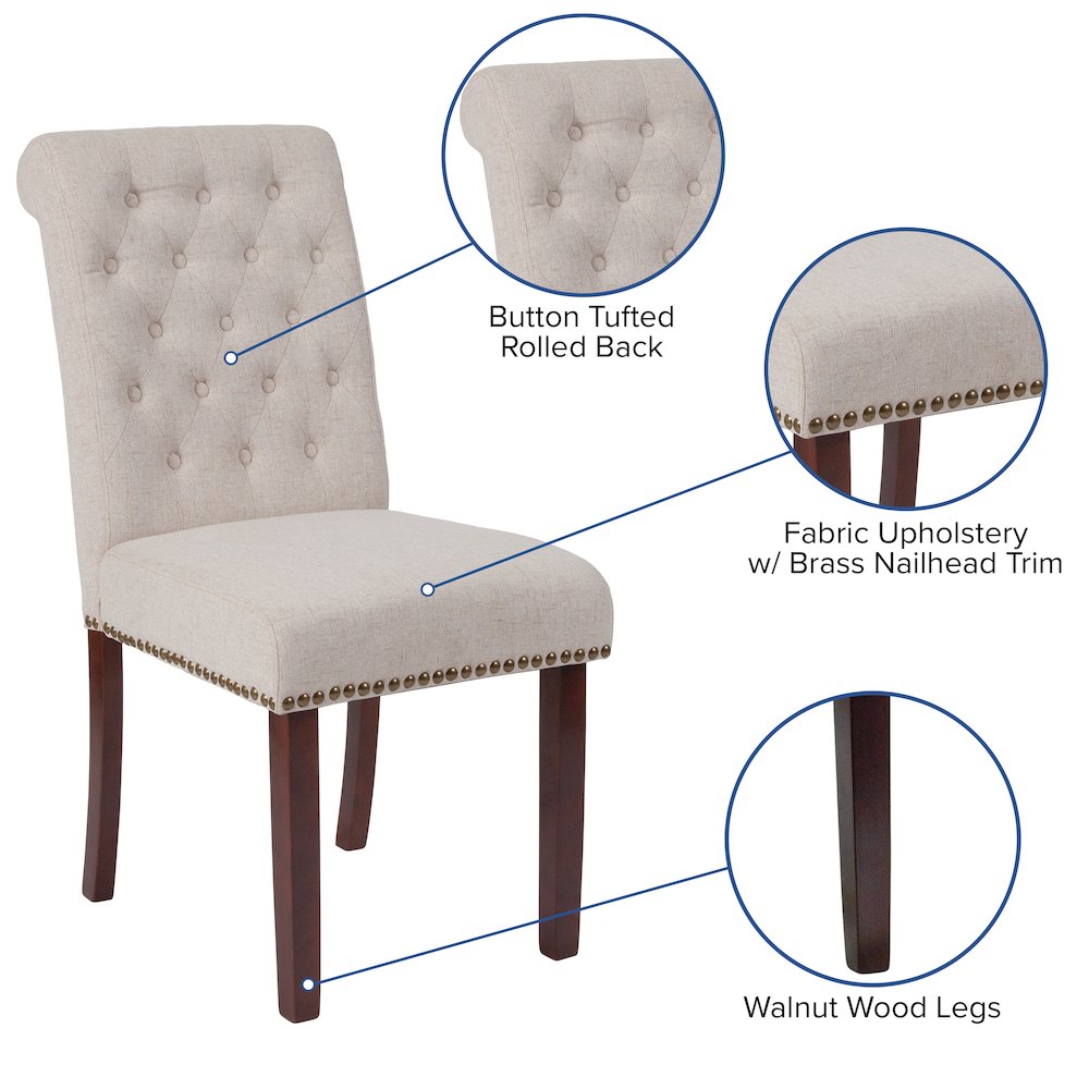 Beige Fabric Parsons Chair with Rolled Back, Accent Nail Trim and Walnut Finish