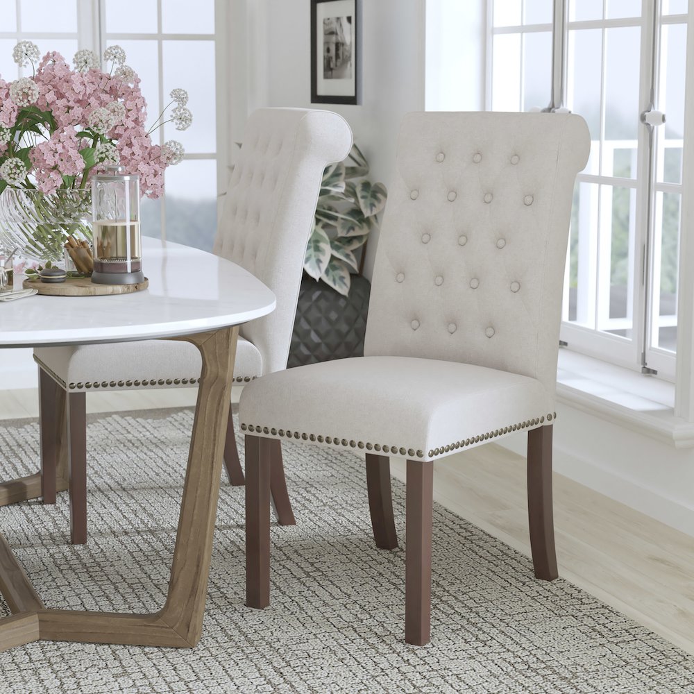 Beige Fabric Parsons Chair with Rolled Back, Accent Nail Trim and Walnut Finish