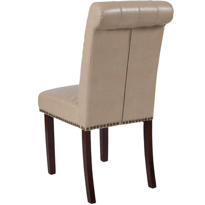 Beige LeatherSoft Parsons Chair with Rolled Back, Accent Nail Trim and Walnut Finish