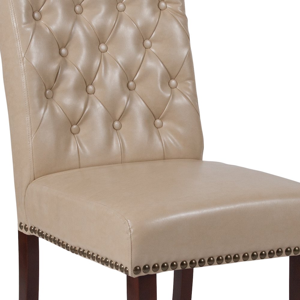Beige Parsons Chair with Rolled Back, Accent Nail Trim and Walnut Finish
